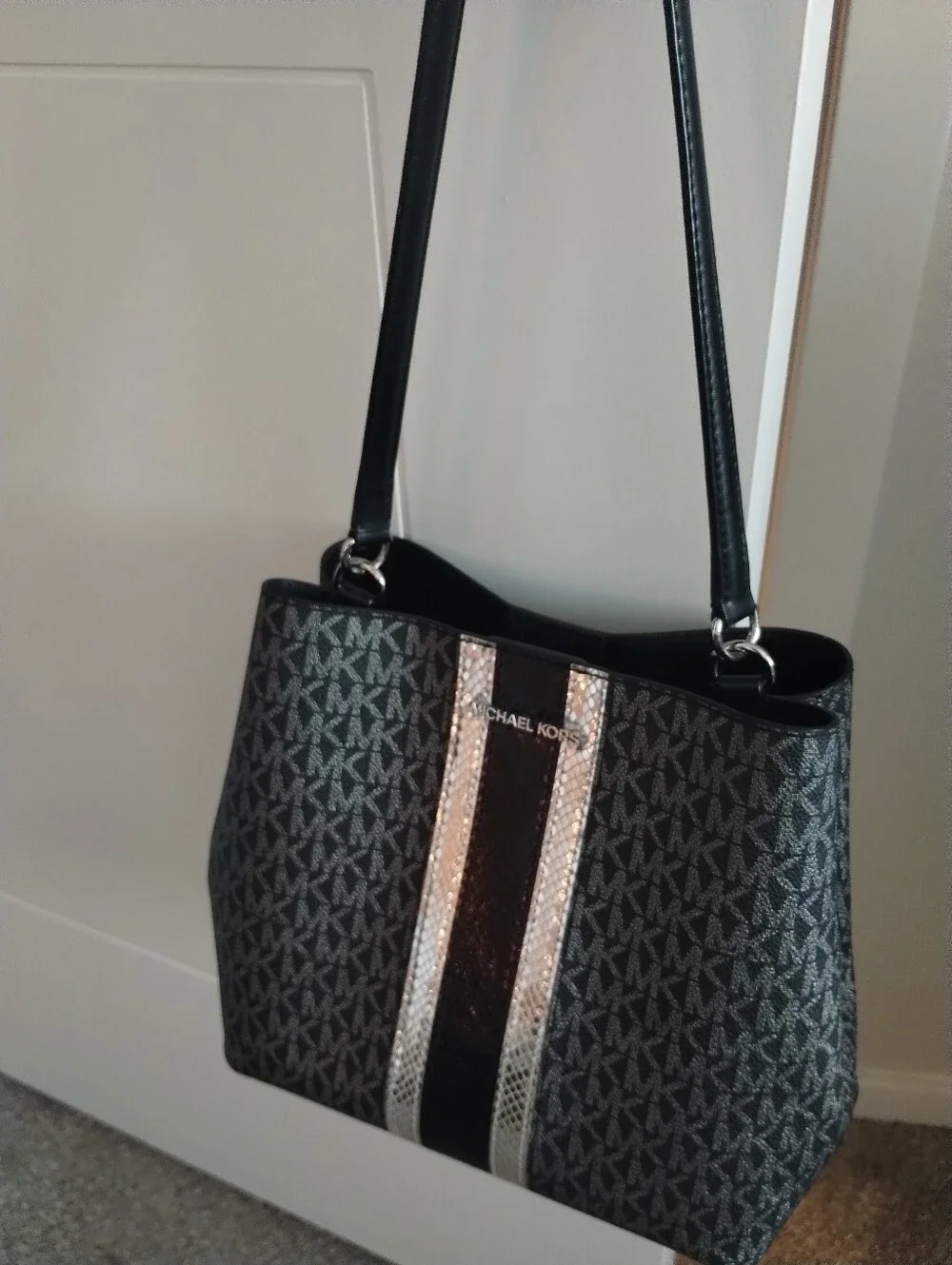 Michael Kors Black and Silver Signature Stripe Purse